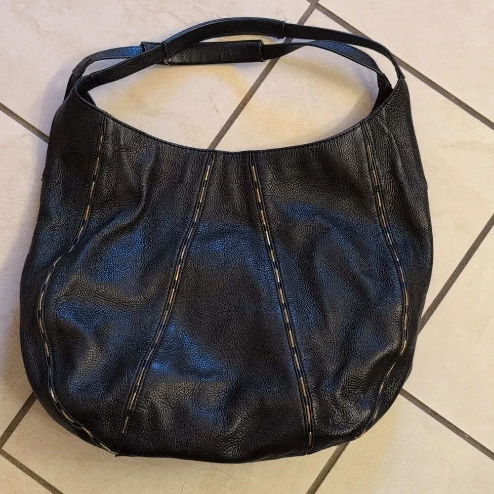 Kelsi Dagger Black Pebbled Leather Hobo Breaded Shoulder Bag, Large